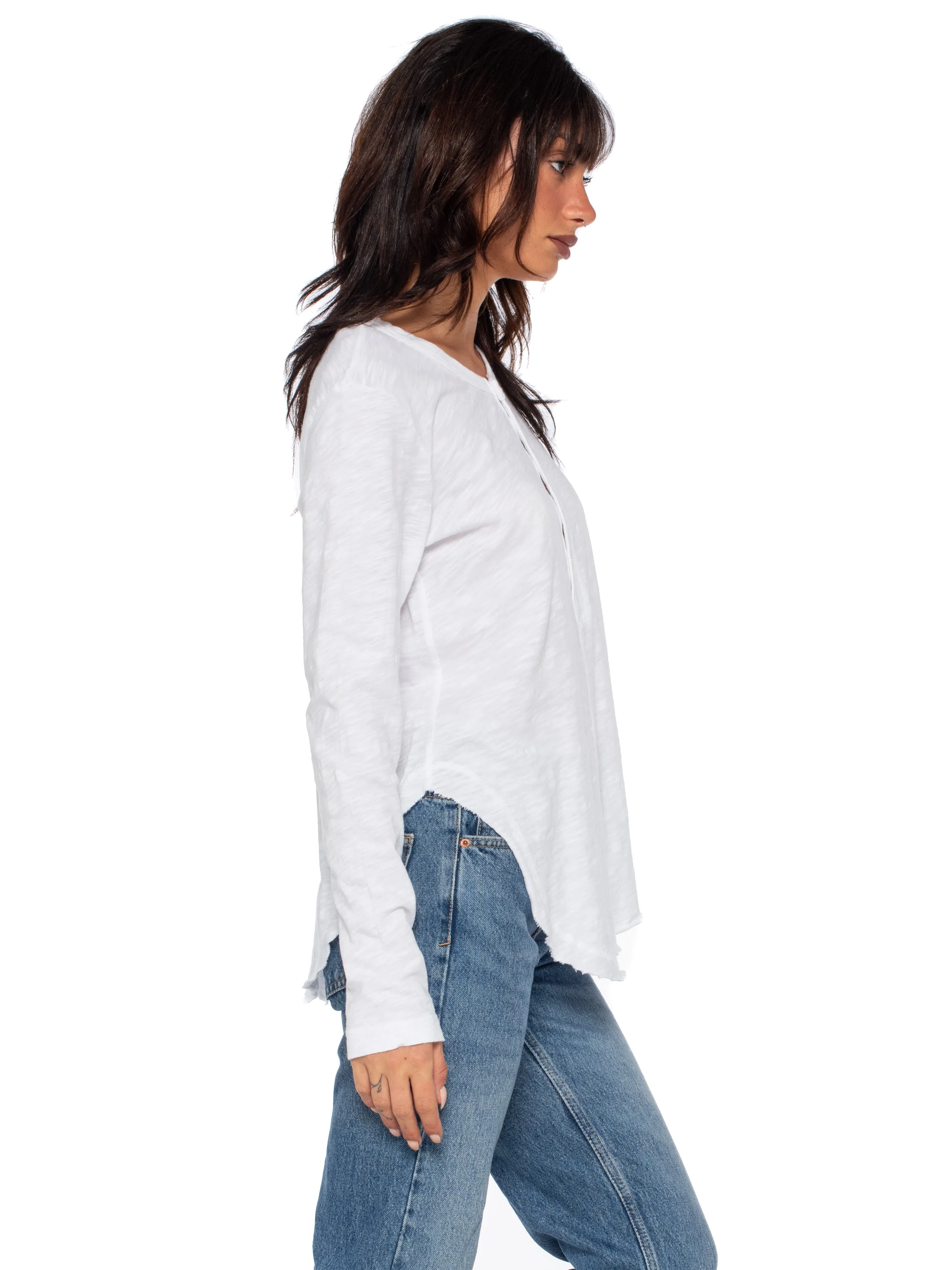 Long Sleeve Shrunken Henley W/ Shifted Hem