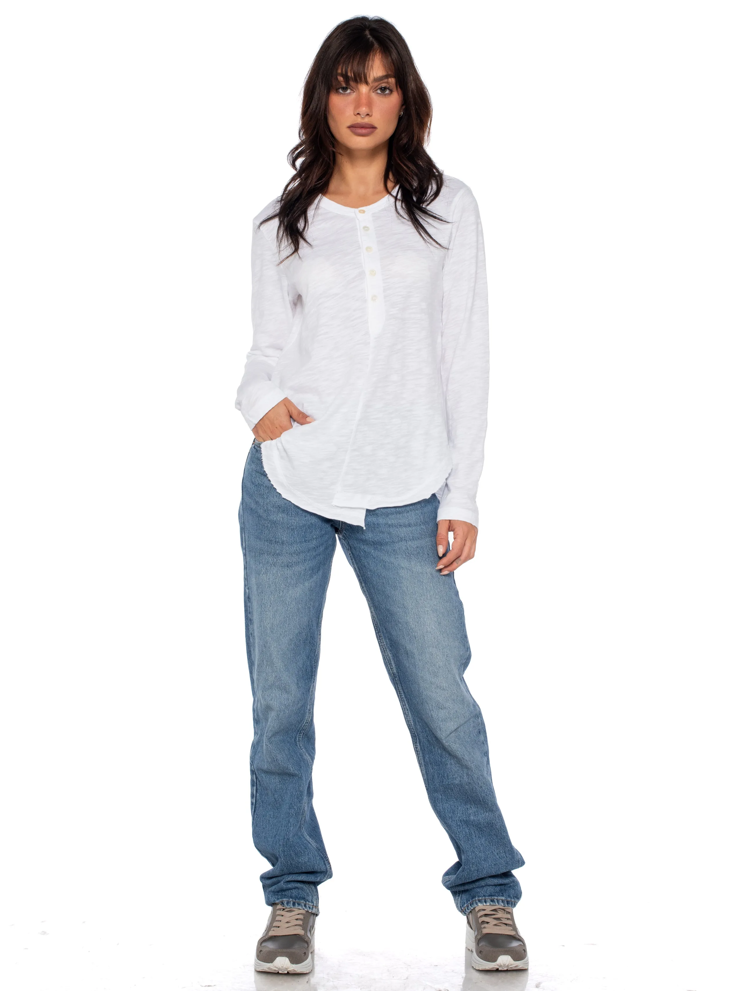Long Sleeve Shrunken Henley W/ Shifted Hem