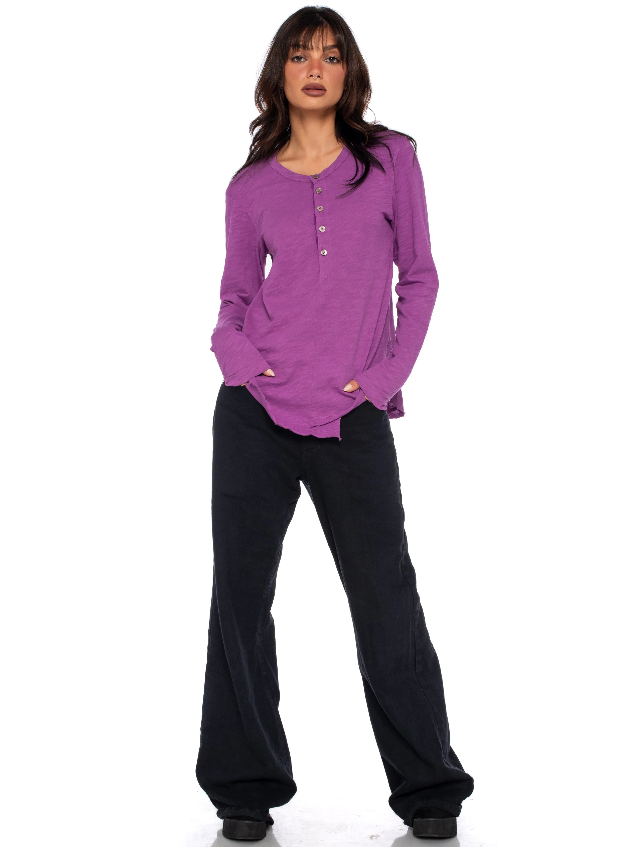 Long Sleeve Shrunken Henley W/ Shifted Hem