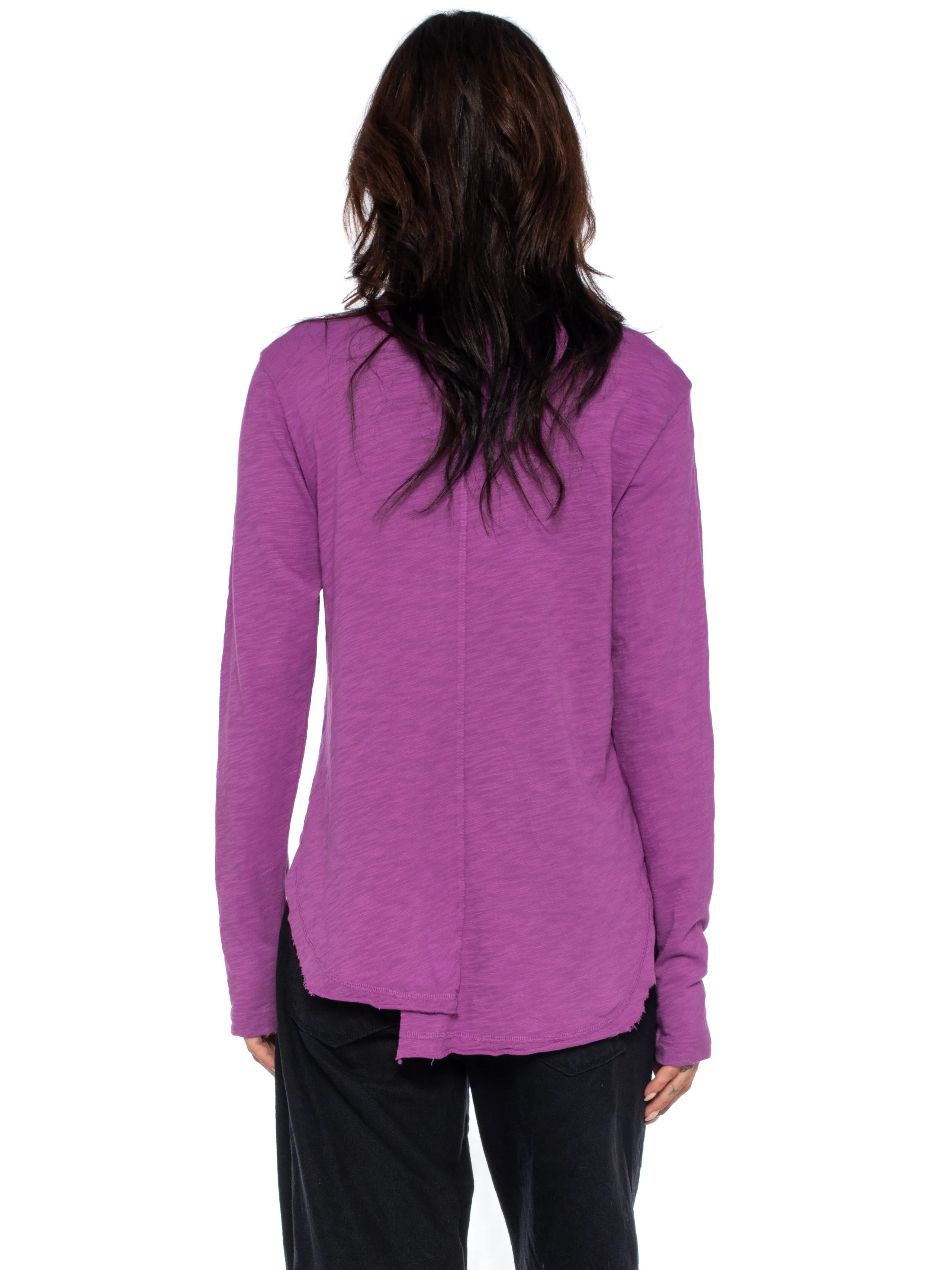 Long Sleeve Shrunken Henley W/ Shifted Hem