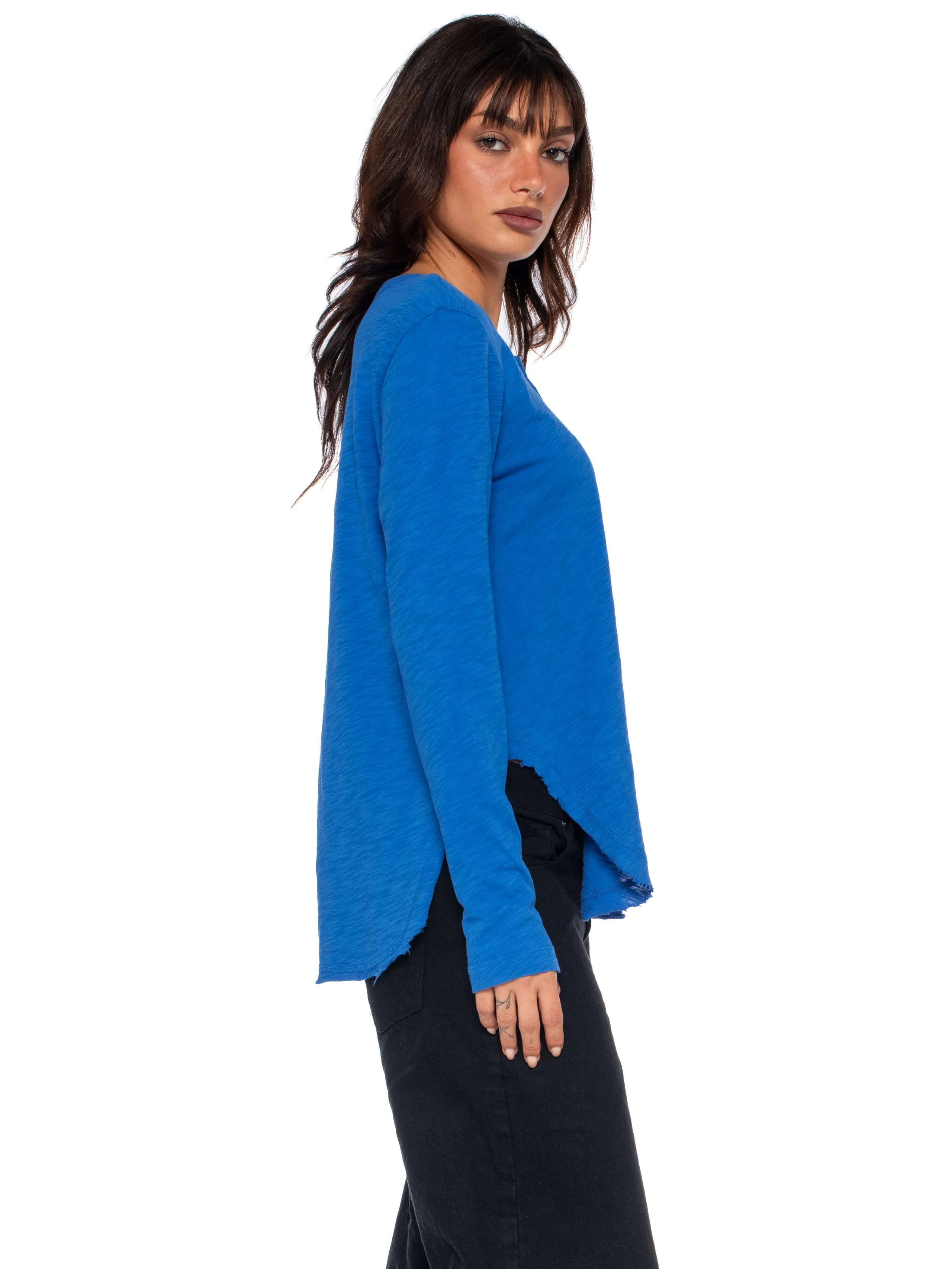 Long Sleeve Shrunken Henley W/ Shifted Hem