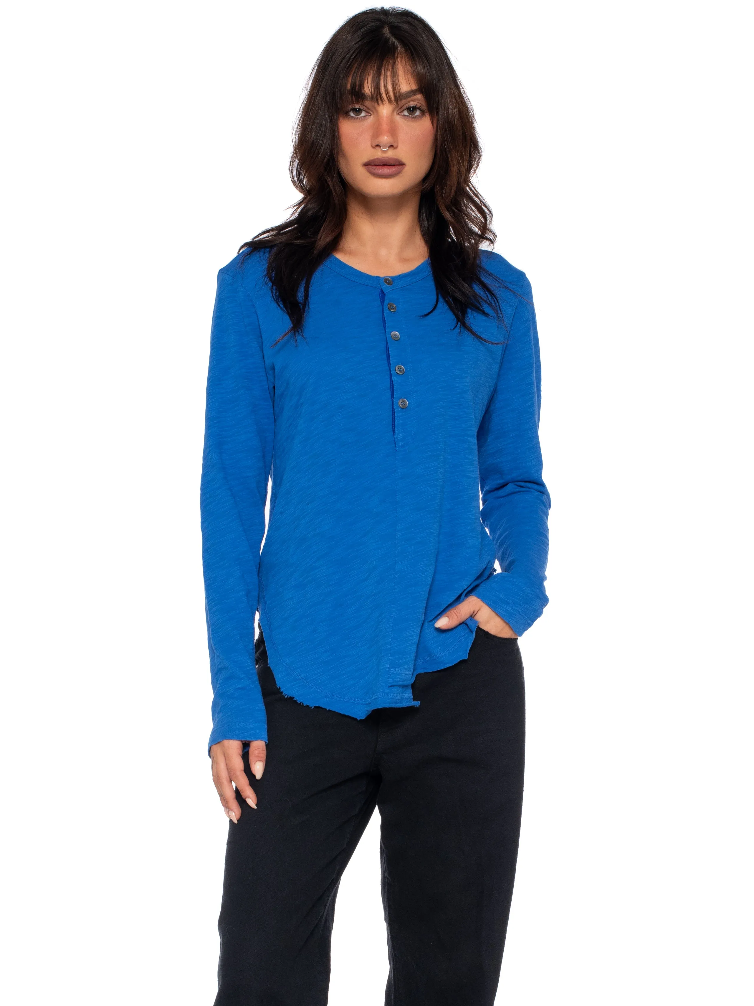 Long Sleeve Shrunken Henley W/ Shifted Hem