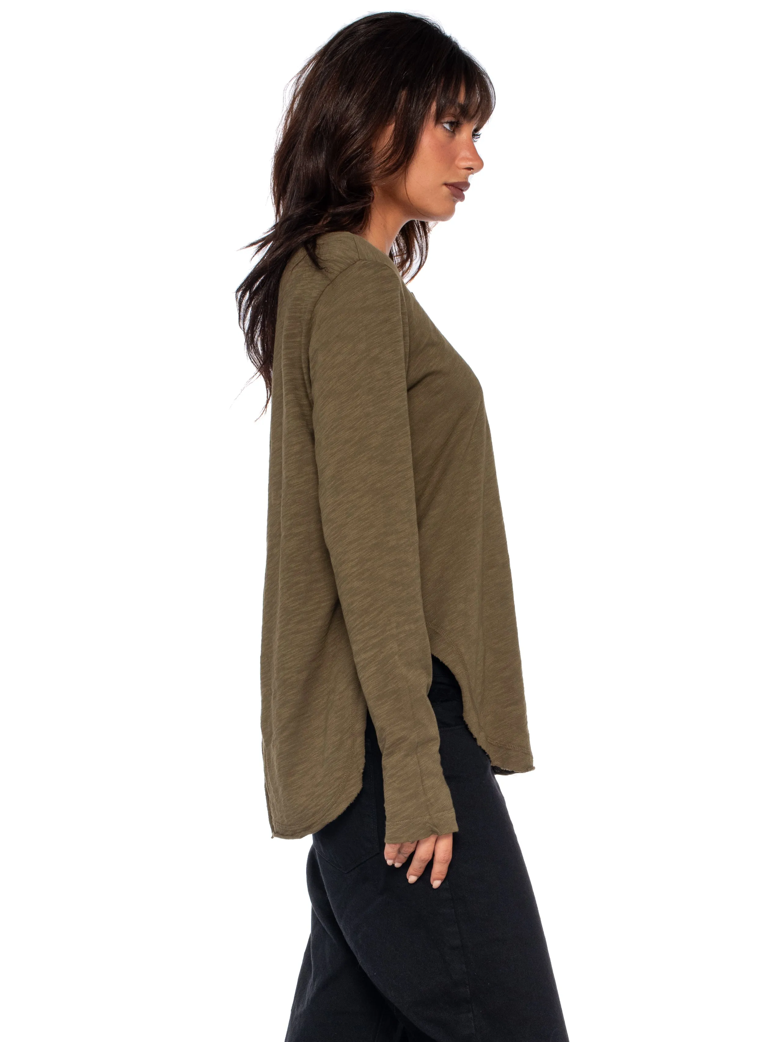 Long Sleeve Shrunken Henley W/ Shifted Hem