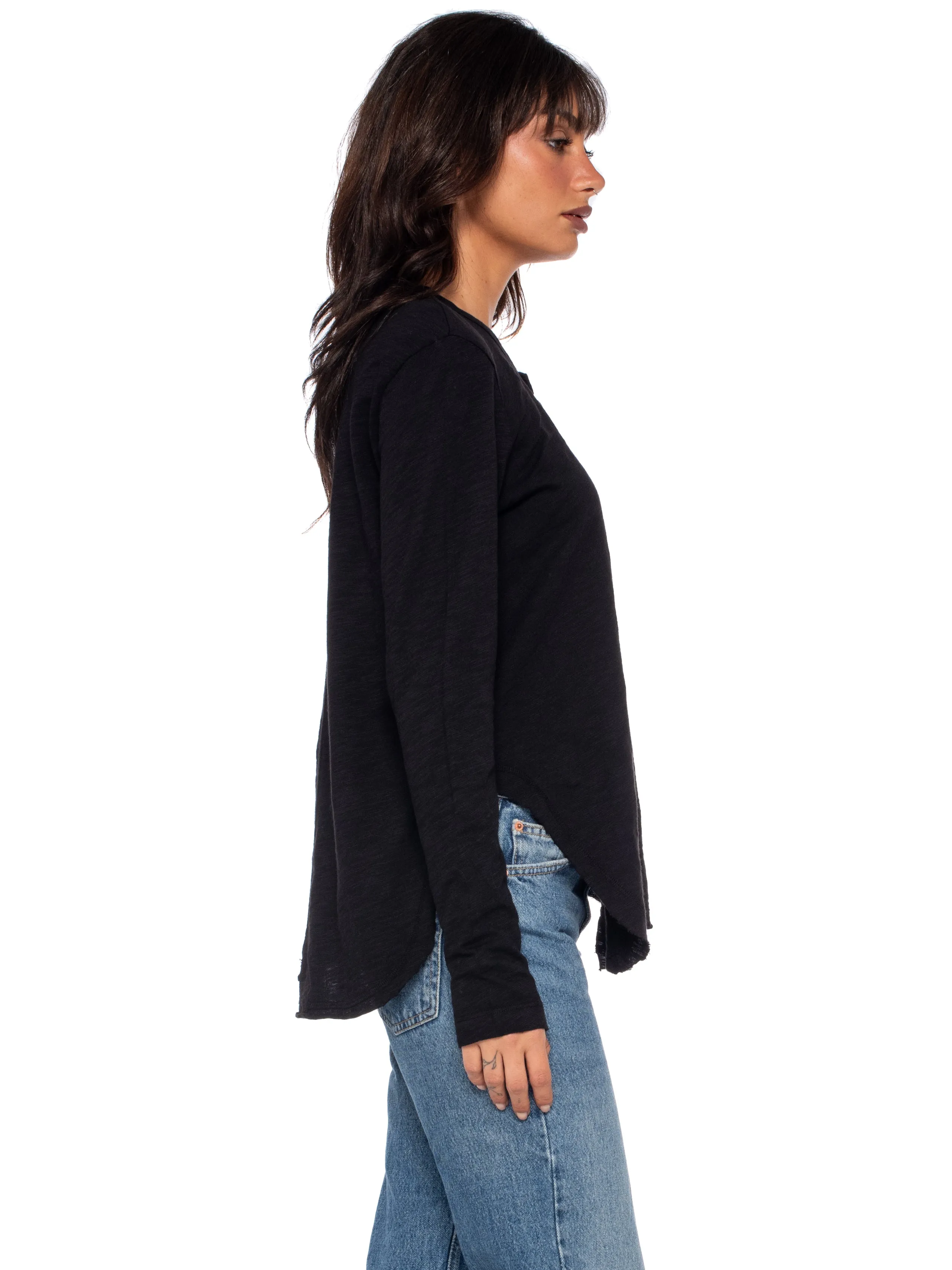 Long Sleeve Shrunken Henley W/ Shifted Hem