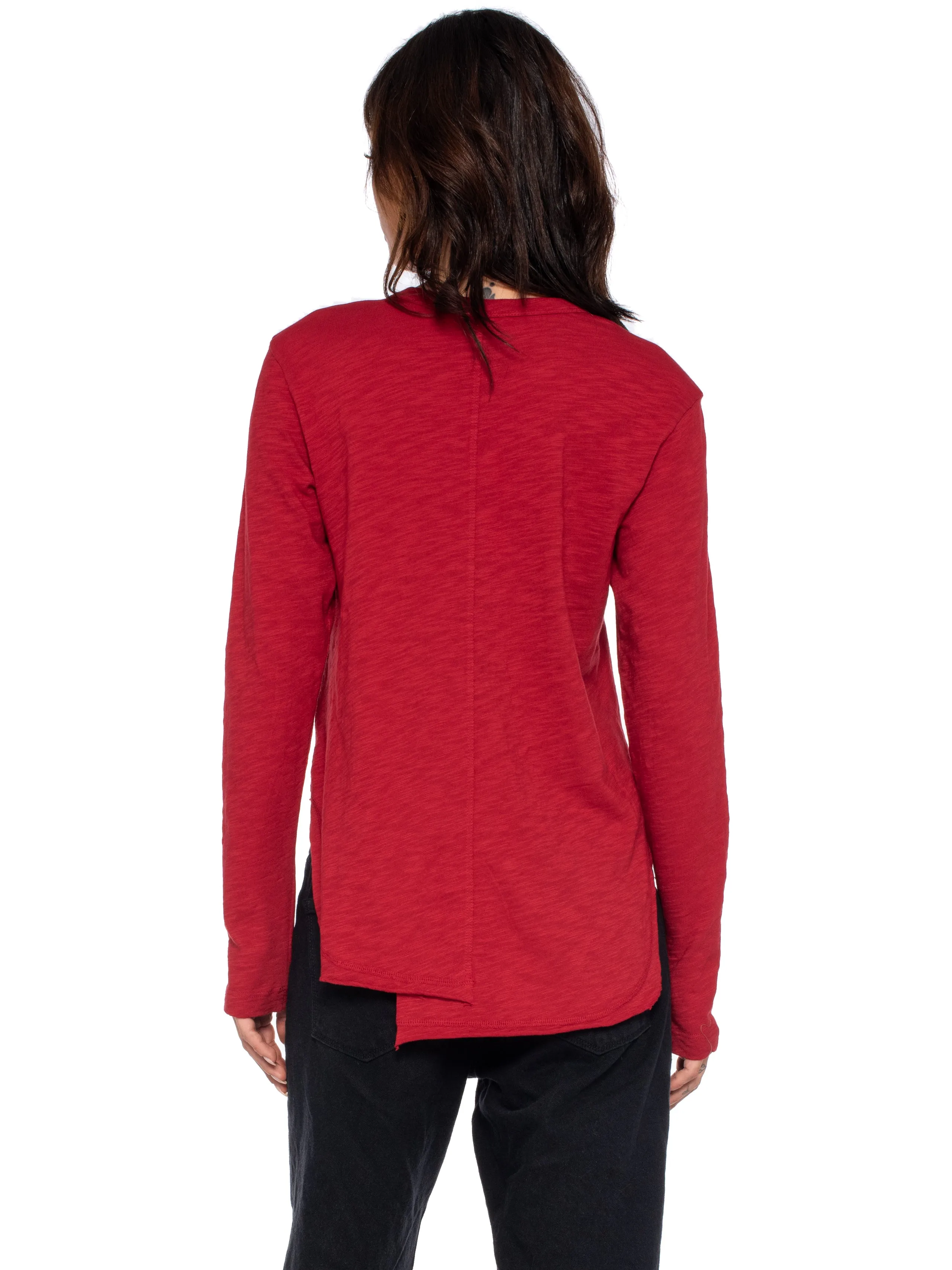 Long Sleeve Shrunken Henley W/ Shifted Hem