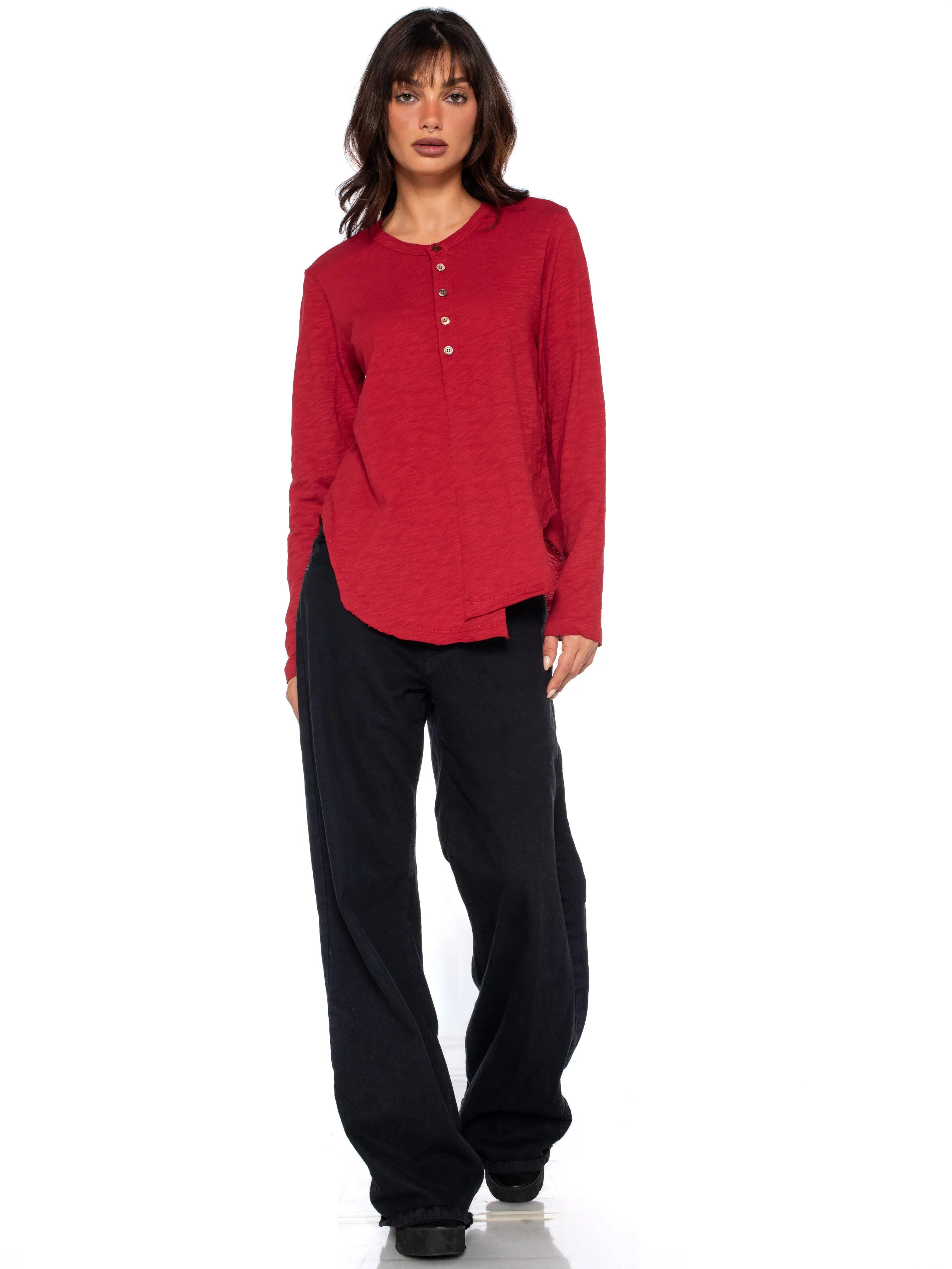 Long Sleeve Shrunken Henley W/ Shifted Hem