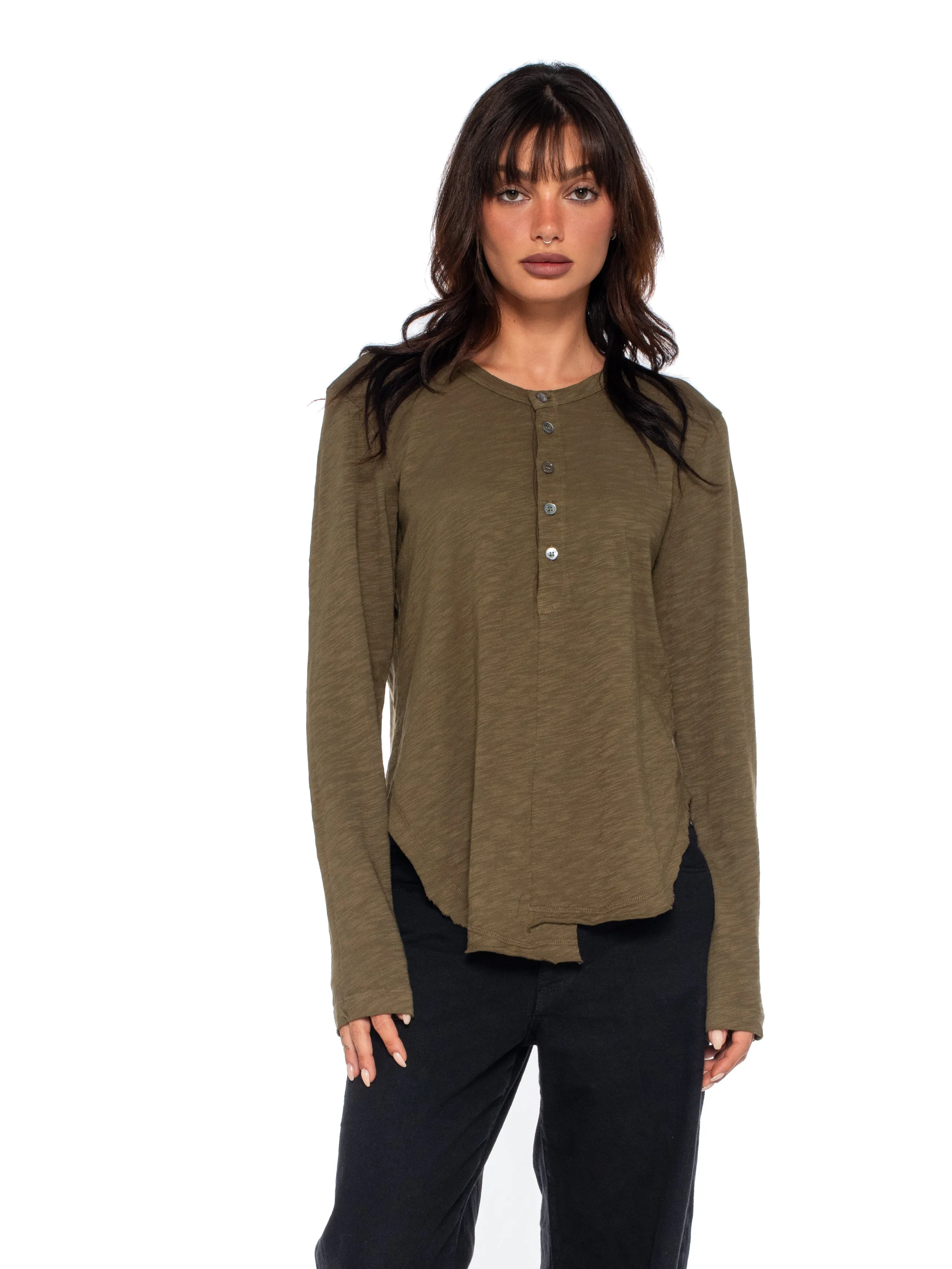 Long Sleeve Shrunken Henley W/ Shifted Hem