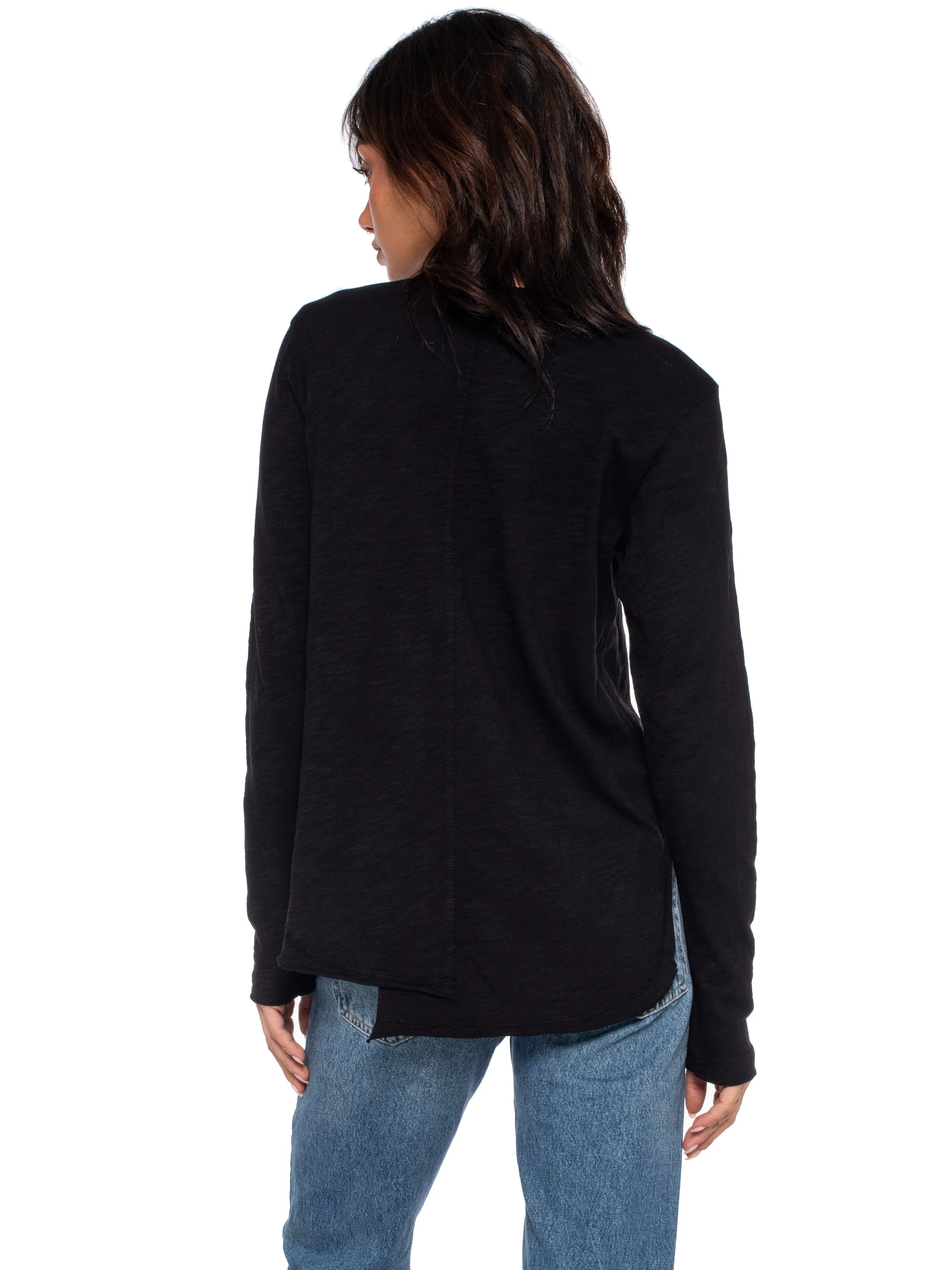 Long Sleeve Shrunken Henley W/ Shifted Hem