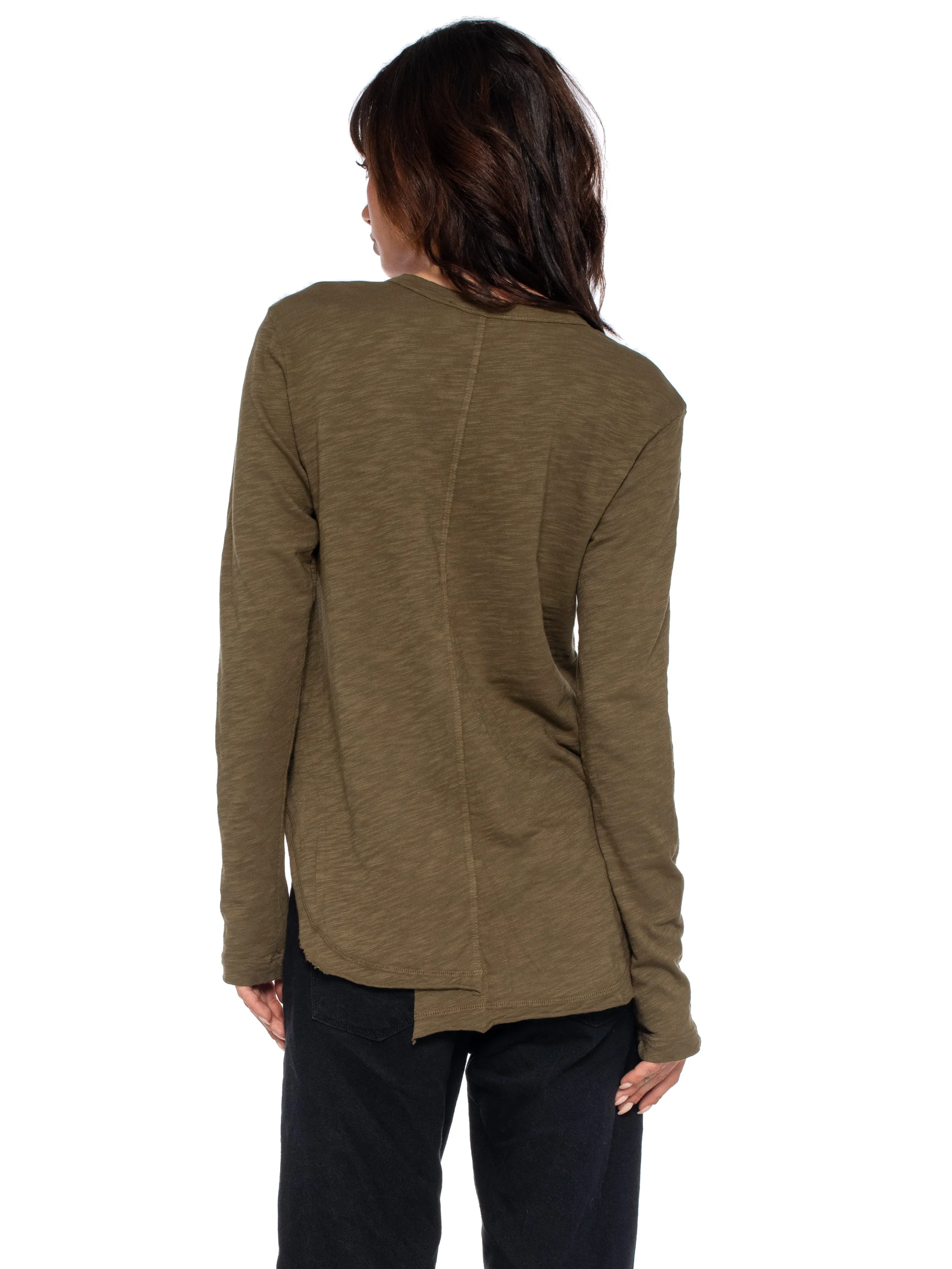 Long Sleeve Shrunken Henley W/ Shifted Hem
