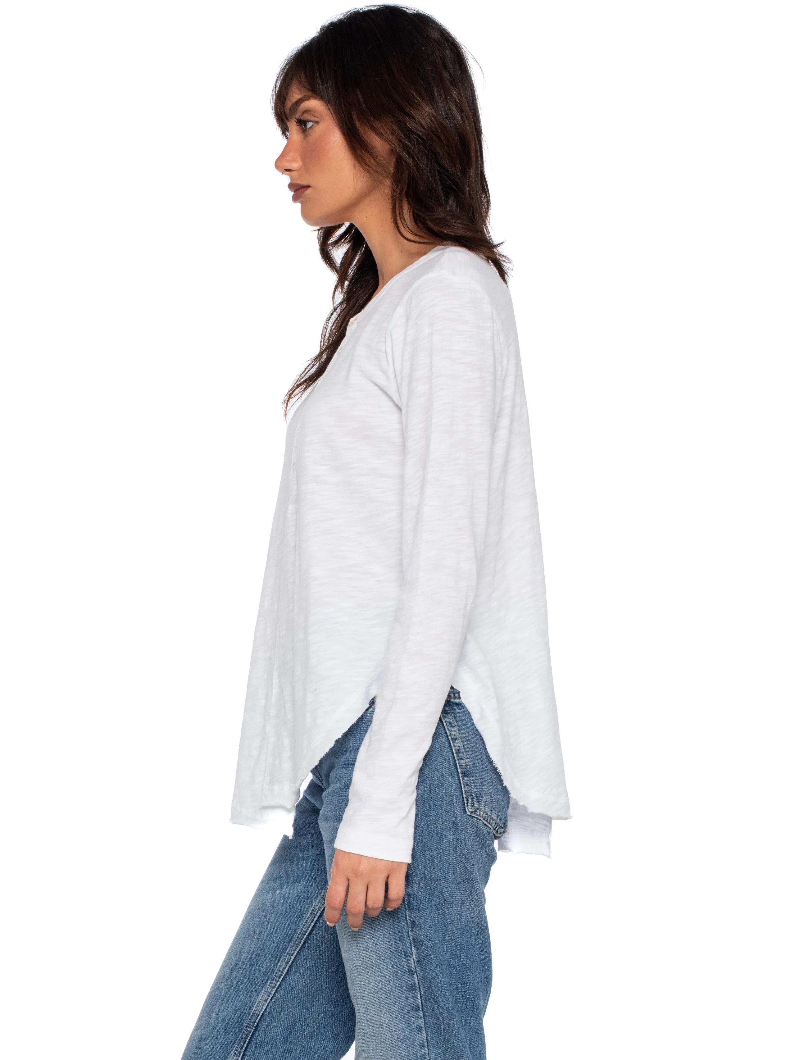 Long Sleeve Shrunken Henley W/ Shifted Hem