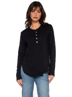 Long Sleeve Shrunken Henley W/ Shifted Hem