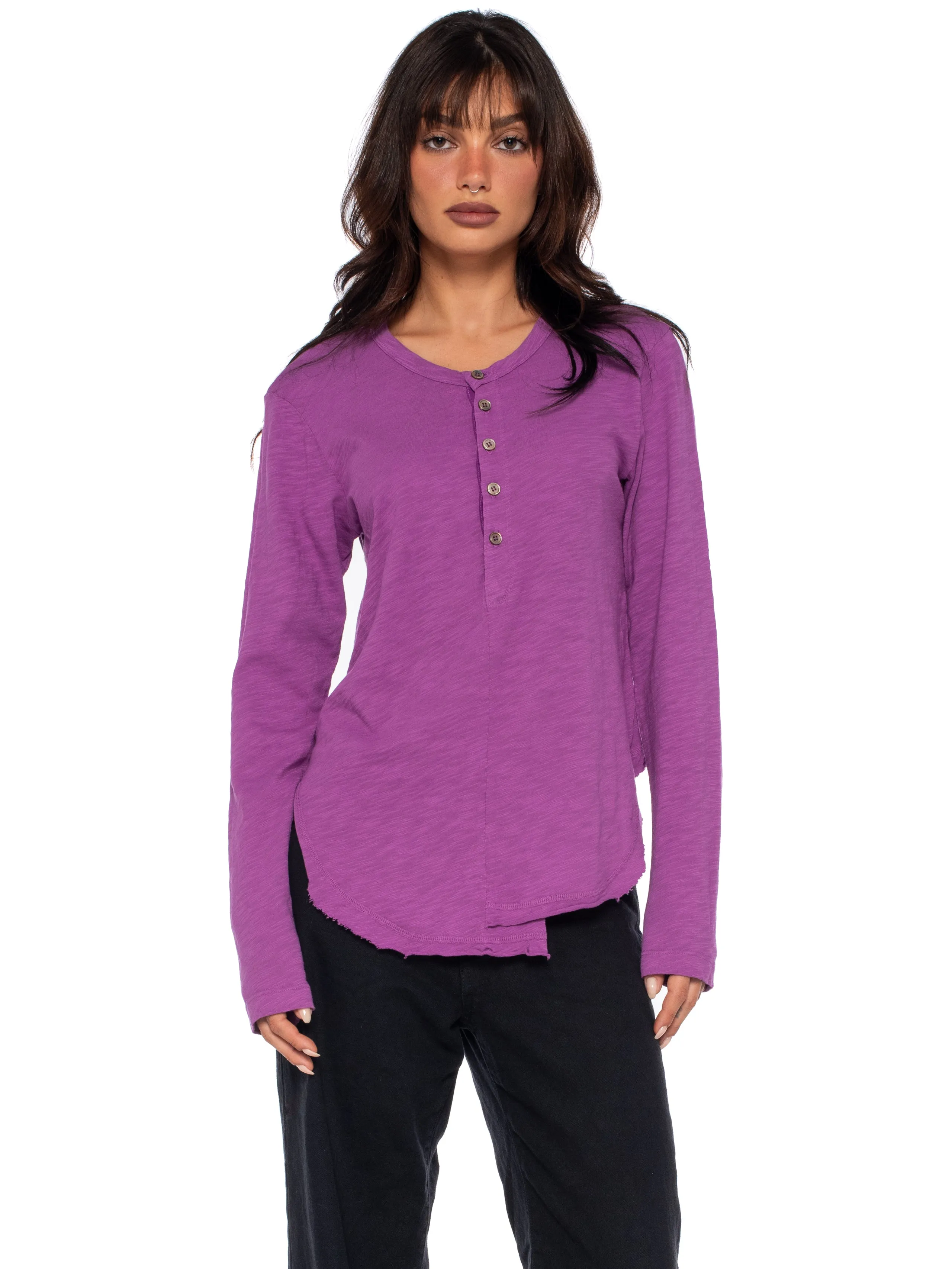 Long Sleeve Shrunken Henley W/ Shifted Hem