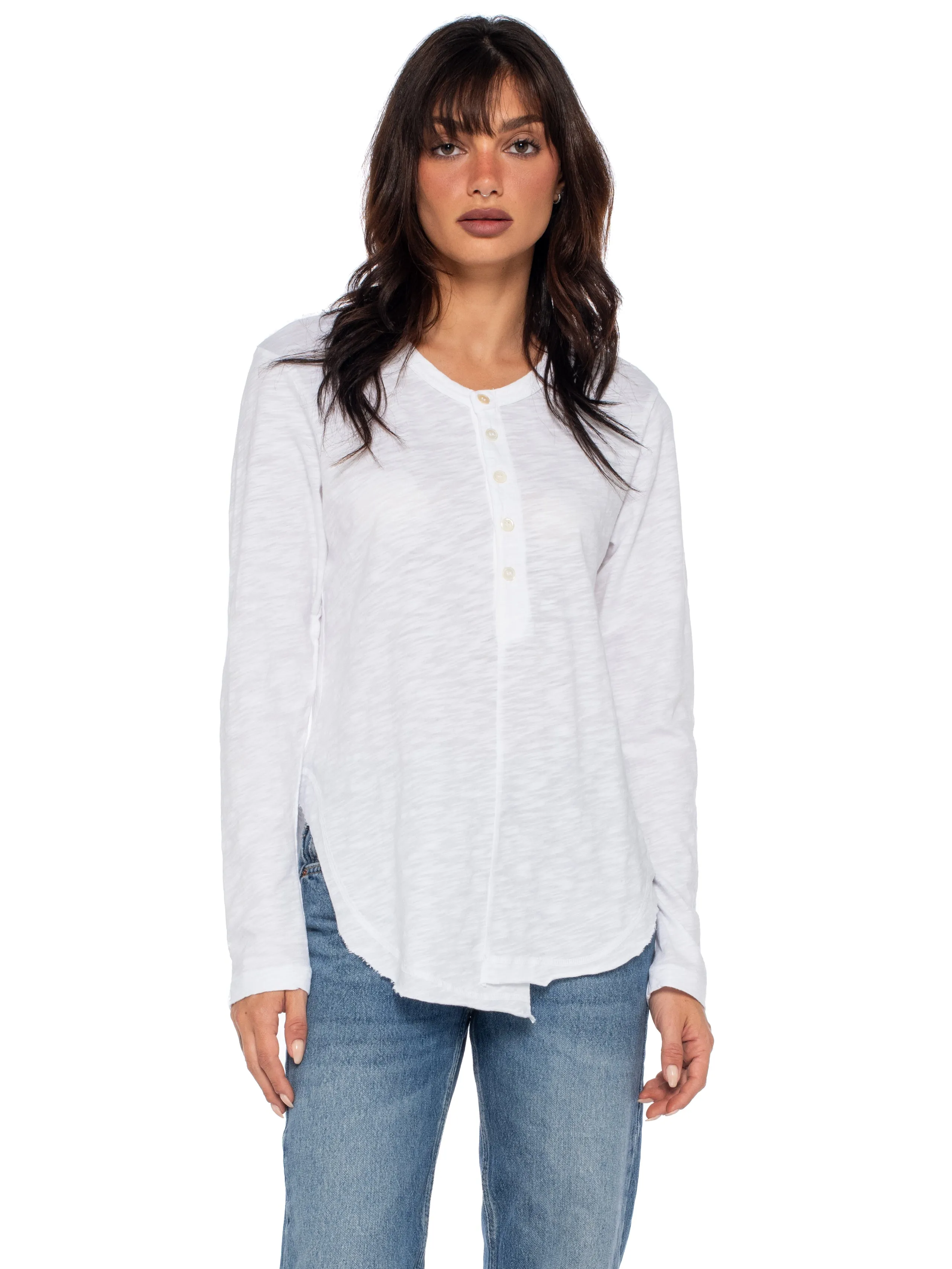 Long Sleeve Shrunken Henley W/ Shifted Hem