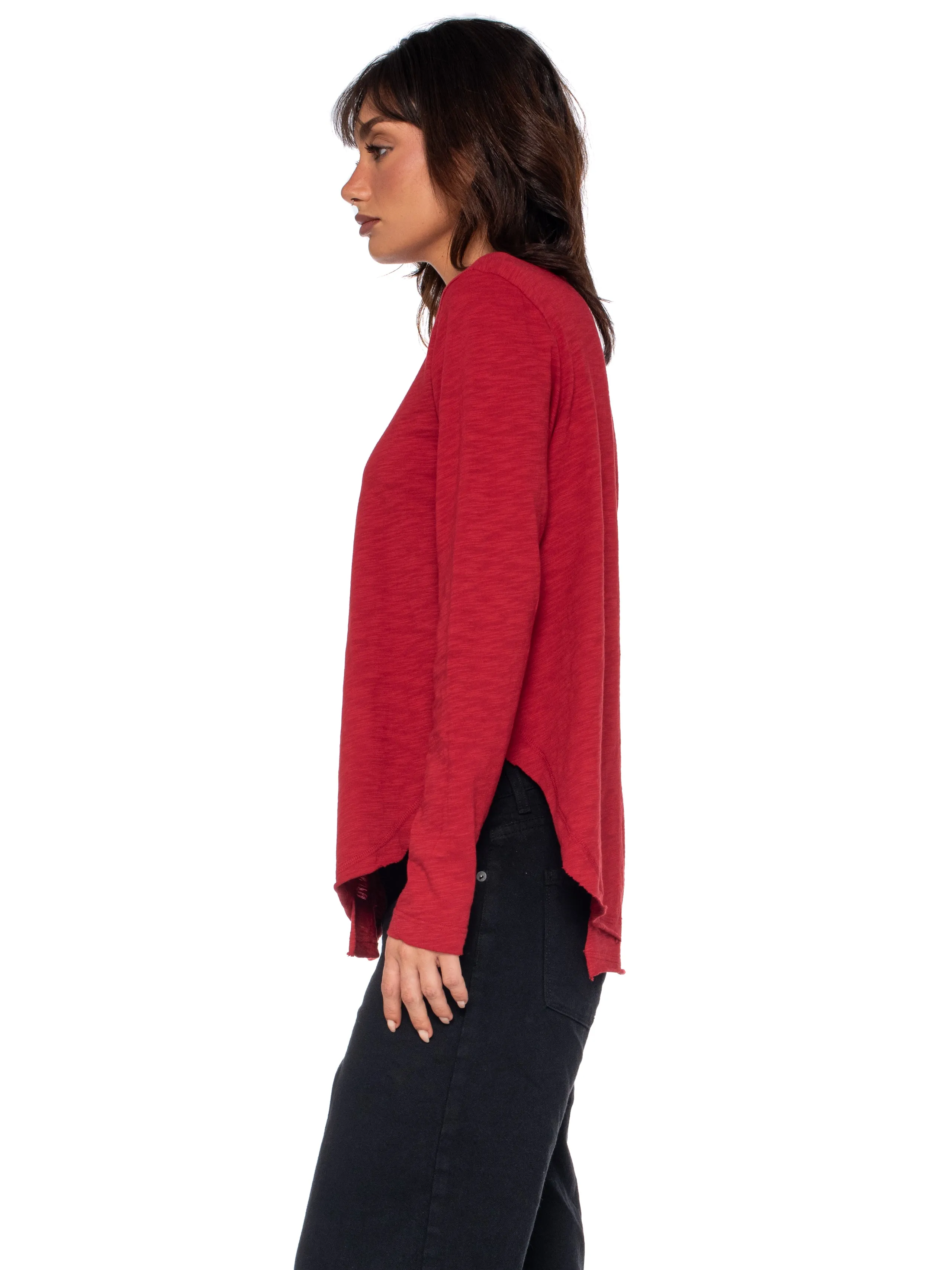 Long Sleeve Shrunken Henley W/ Shifted Hem