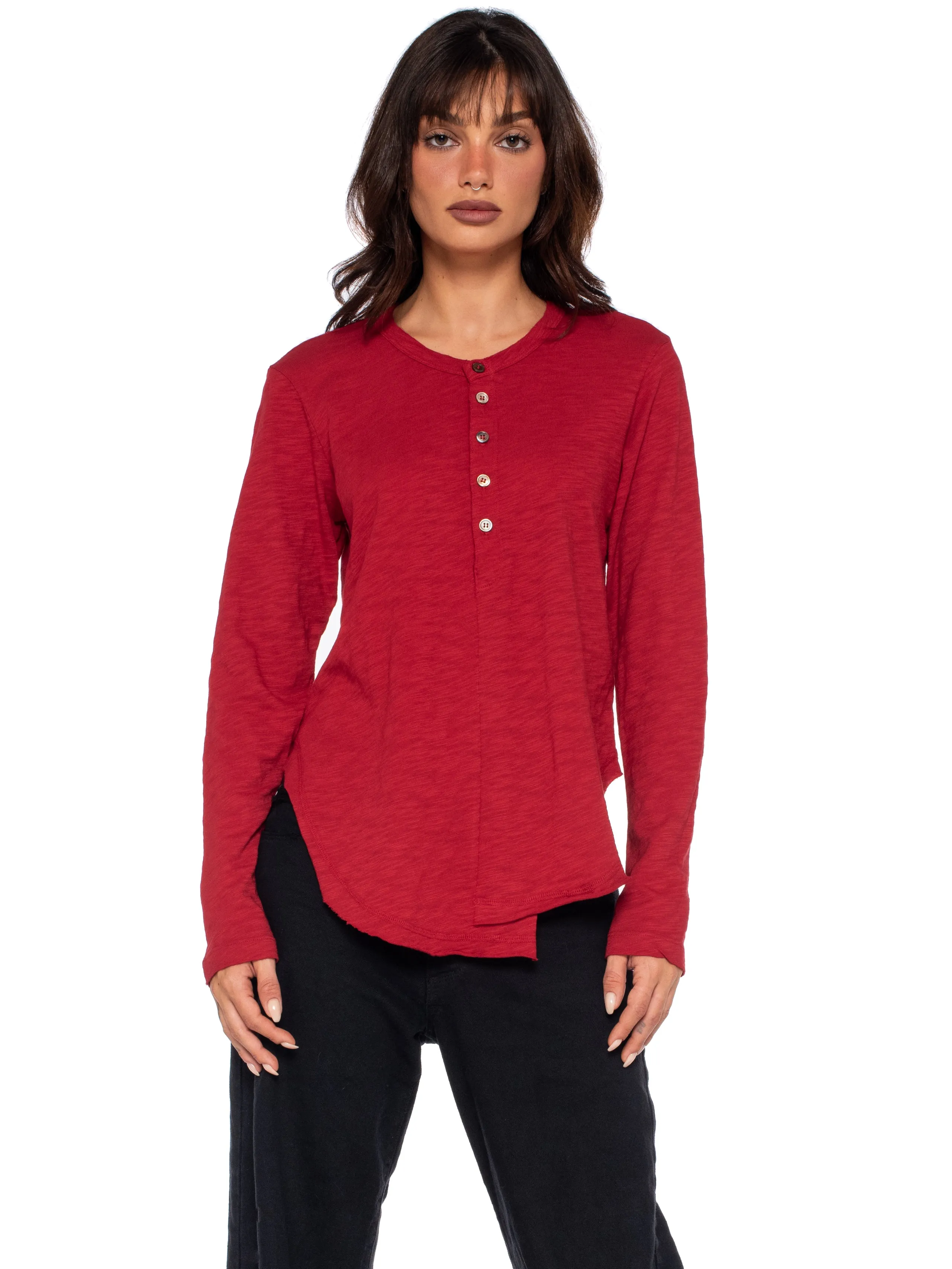 Long Sleeve Shrunken Henley W/ Shifted Hem