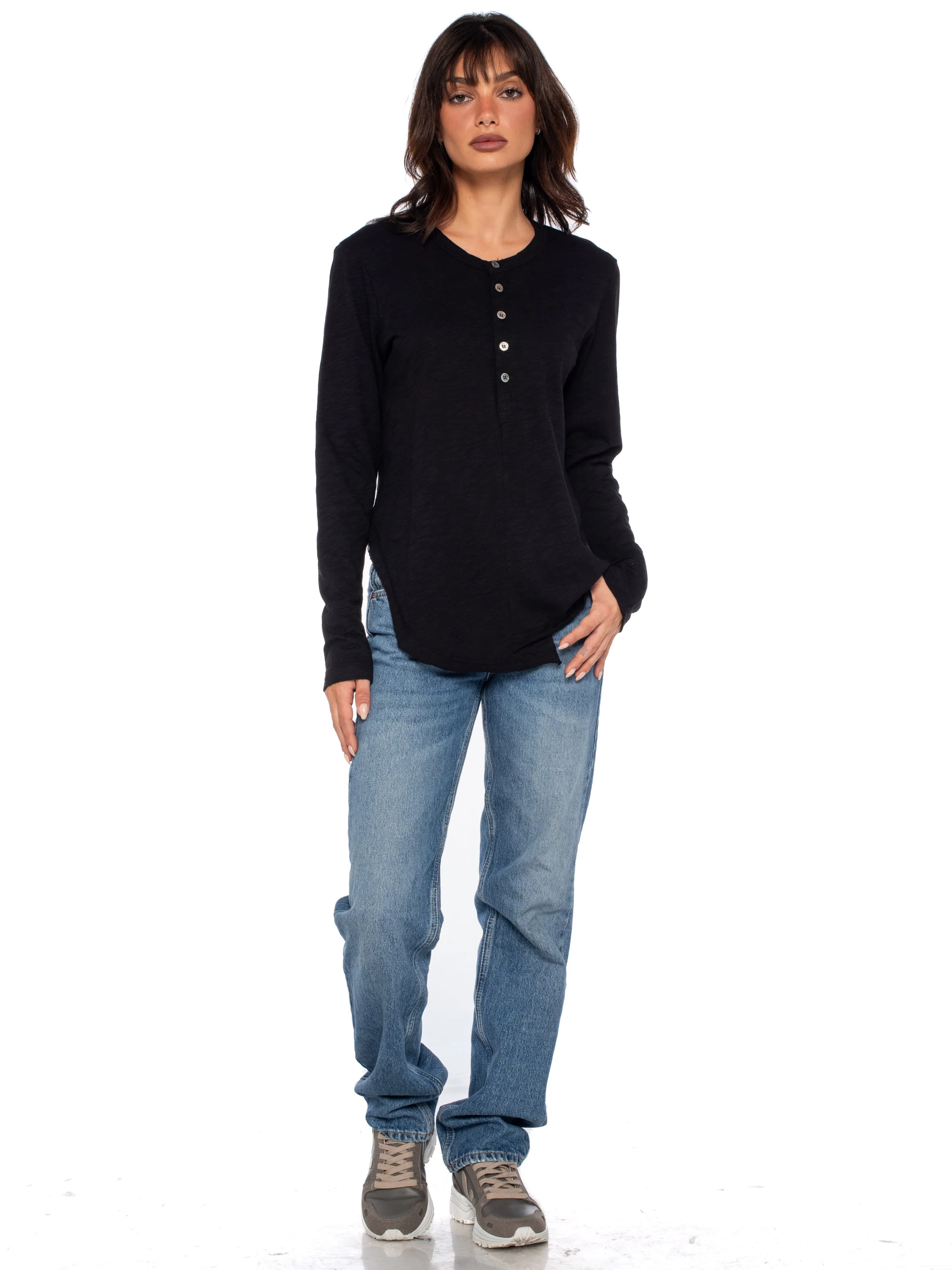 Long Sleeve Shrunken Henley W/ Shifted Hem