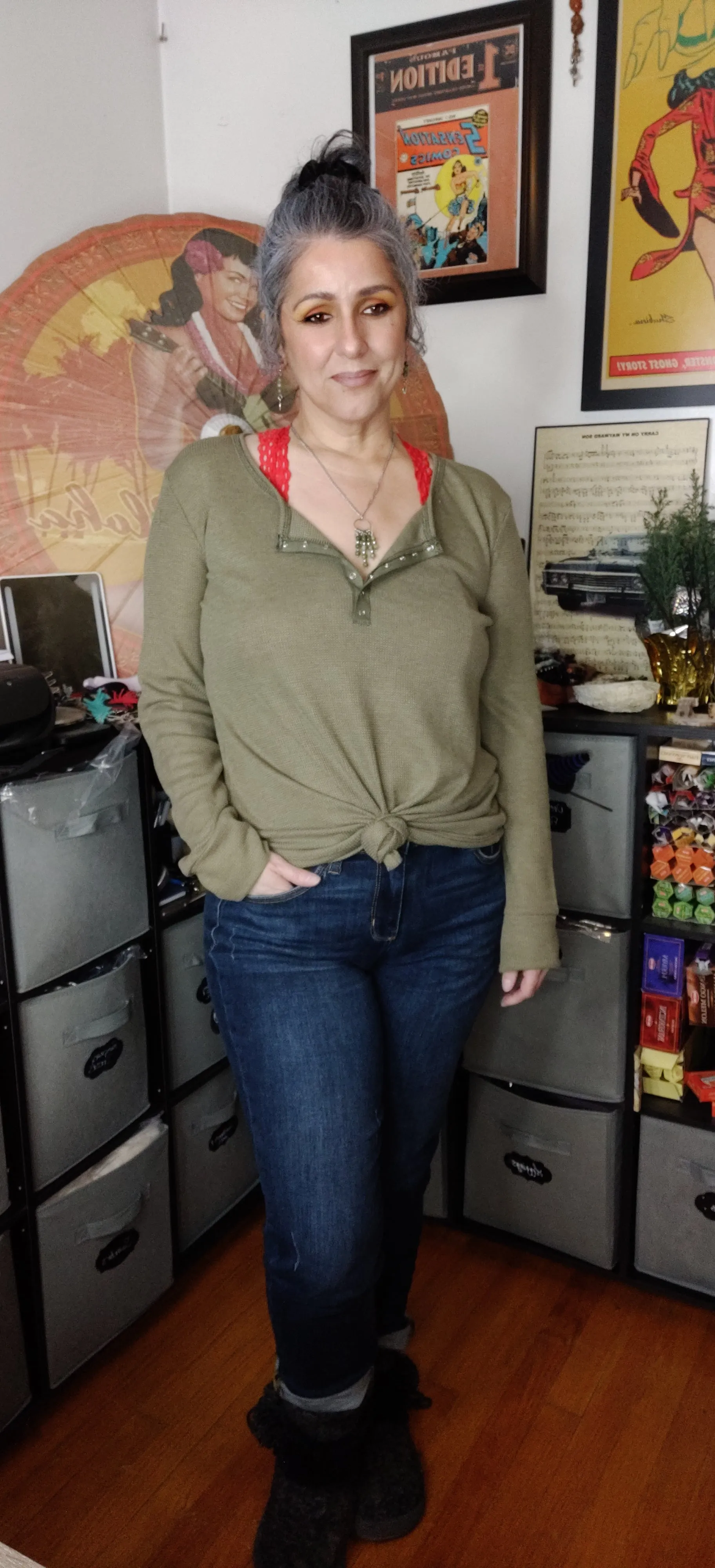Long Sleeve Thermal Henley Snap Front Tunic