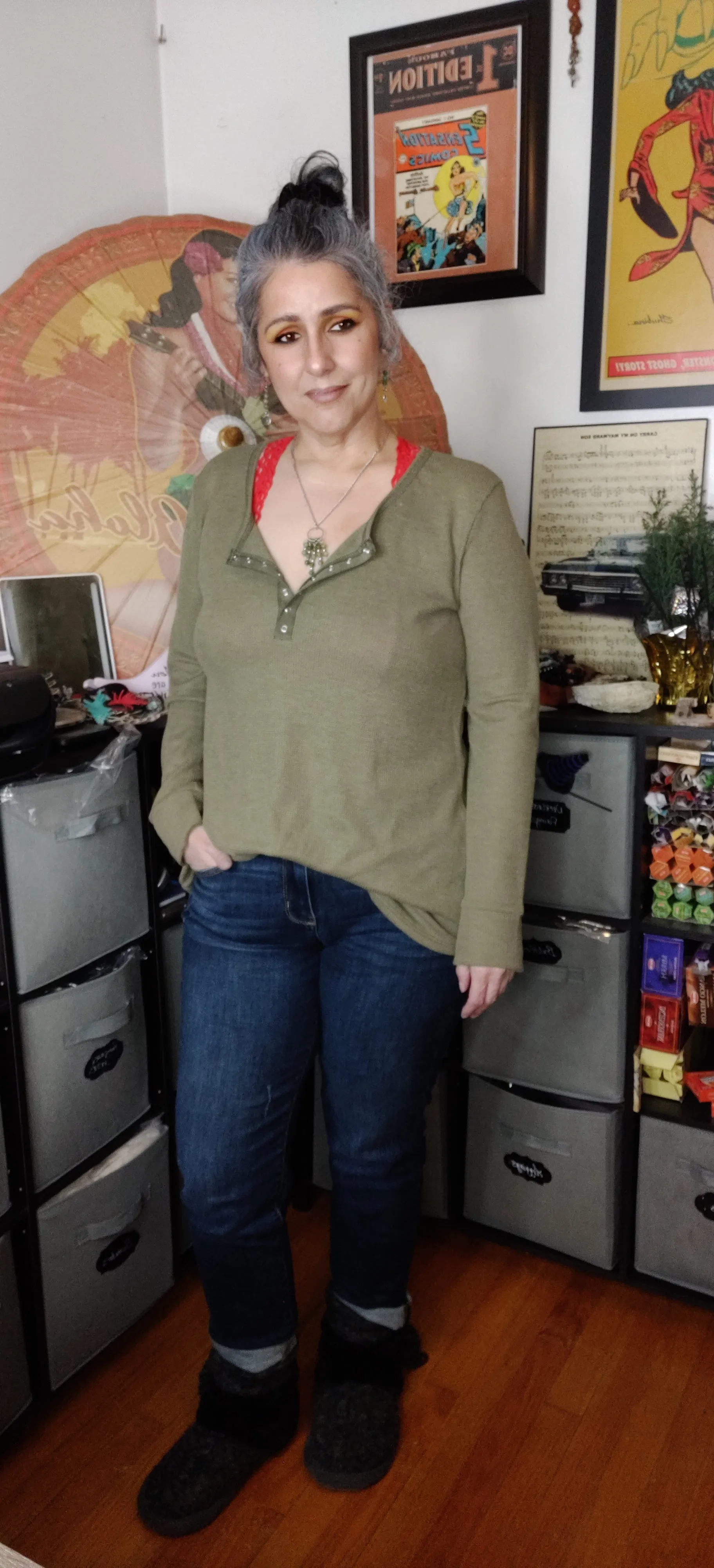 Long Sleeve Thermal Henley Snap Front Tunic