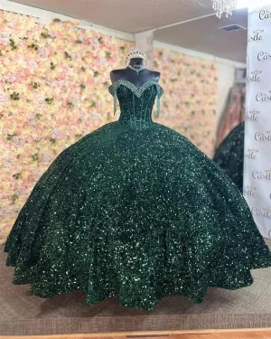Luxury Green Off-Shoulder Quinceanera Dresses Beading Sequins Shiny Vestidos De 15 Anos Birthday Party Corset