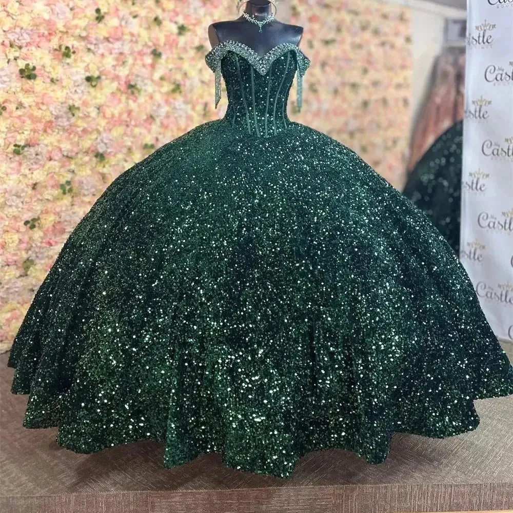 Luxury Green Off-Shoulder Quinceanera Dresses Beading Sequins Shiny Vestidos De 15 Anos Birthday Party Corset