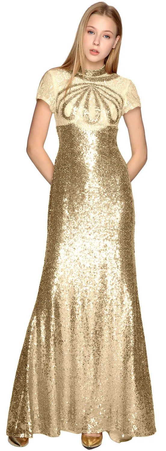 MACloth Women Prom Party Dresses Mermaid High Neck Cap Sleeves Evening Gown