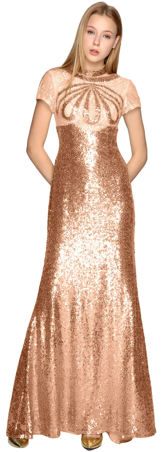 MACloth Women Prom Party Dresses Mermaid High Neck Cap Sleeves Evening Gown
