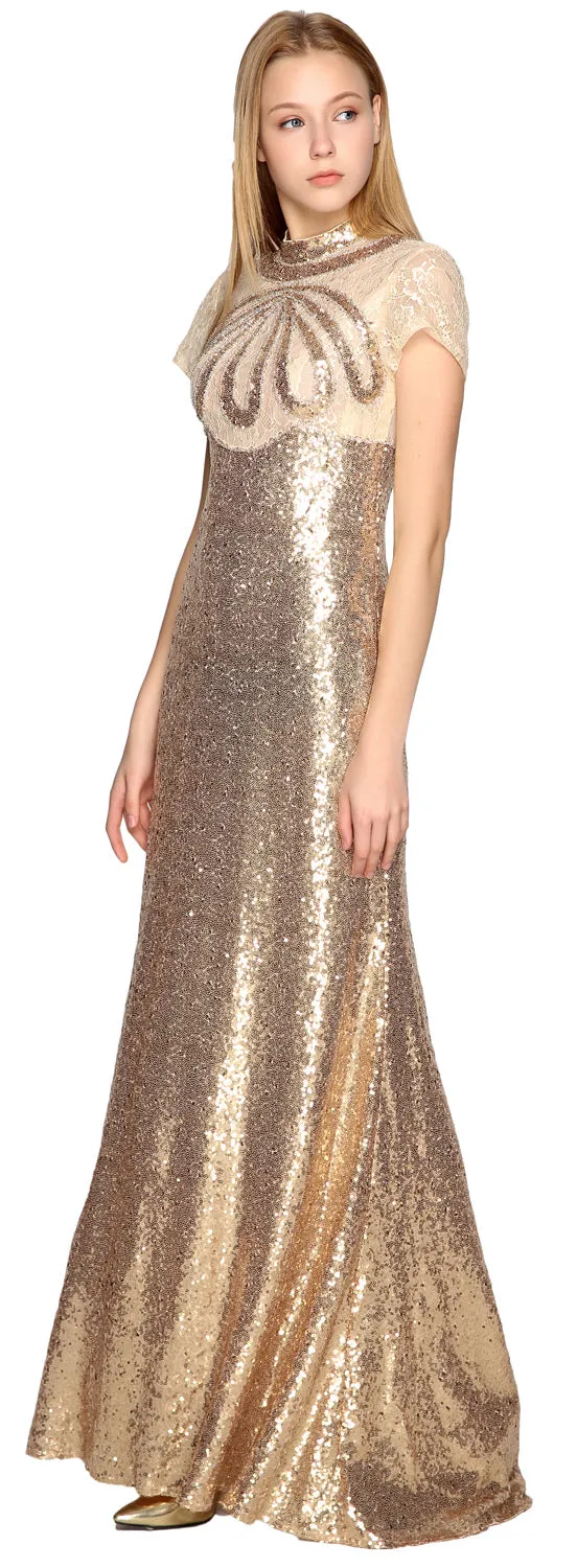 MACloth Women Prom Party Dresses Mermaid High Neck Cap Sleeves Evening Gown