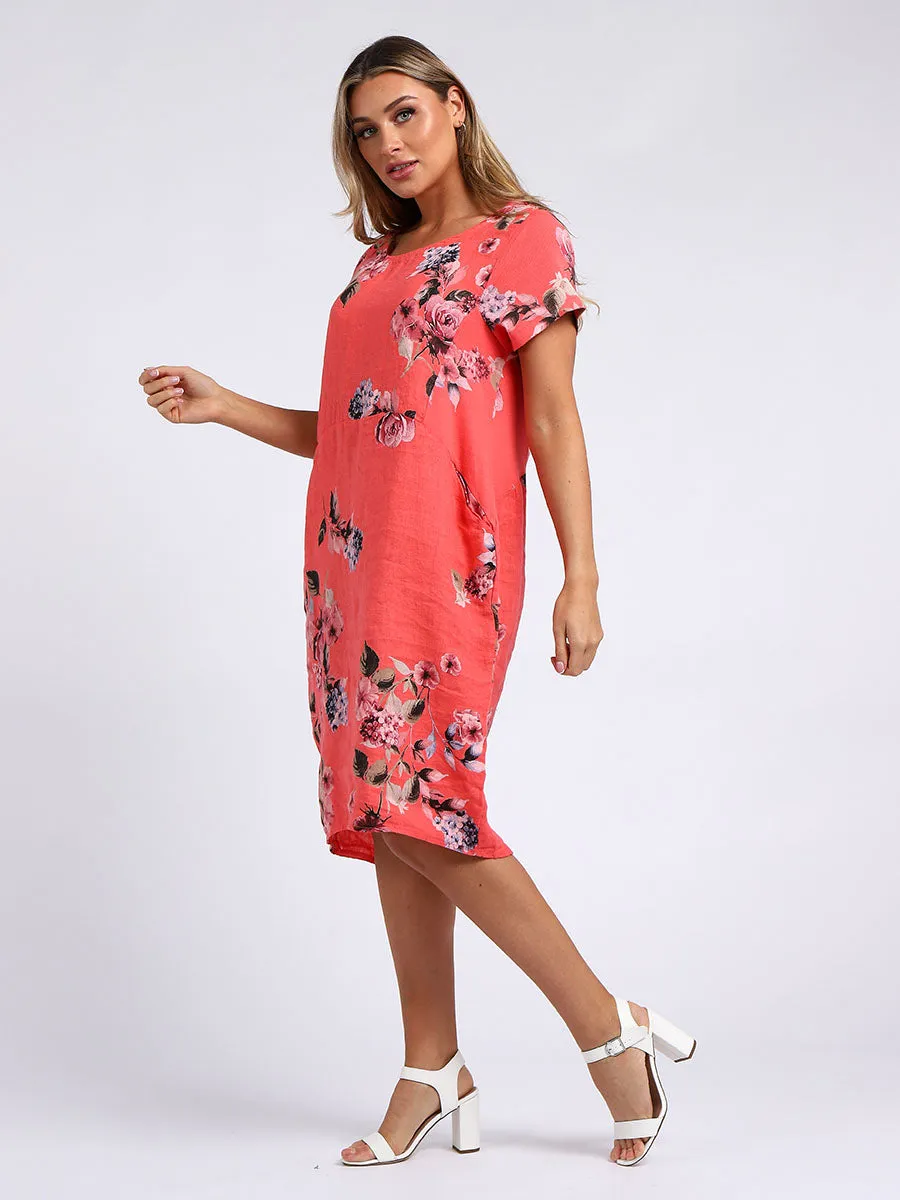 Made in Italy Classic Shift Flora Duo Linen Dress ~ Coral