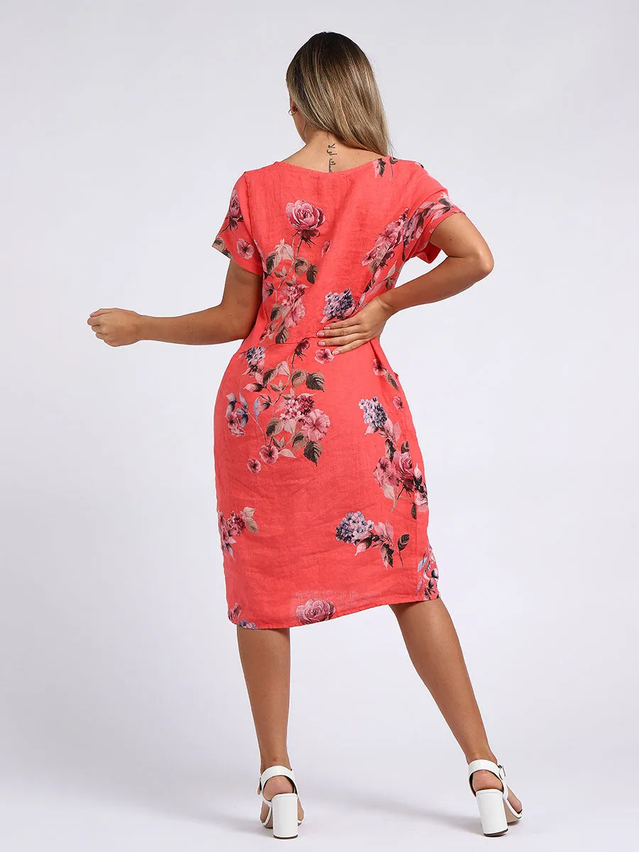 Made in Italy Classic Shift Flora Duo Linen Dress ~ Coral