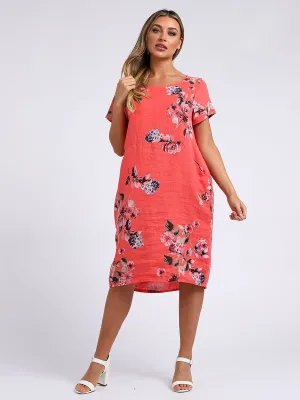 Made in Italy Classic Shift Flora Duo Linen Dress ~ Coral