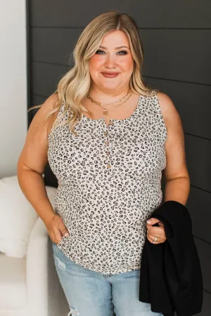 Make Them Believe Henley Tank Top- Light Beige Leopard