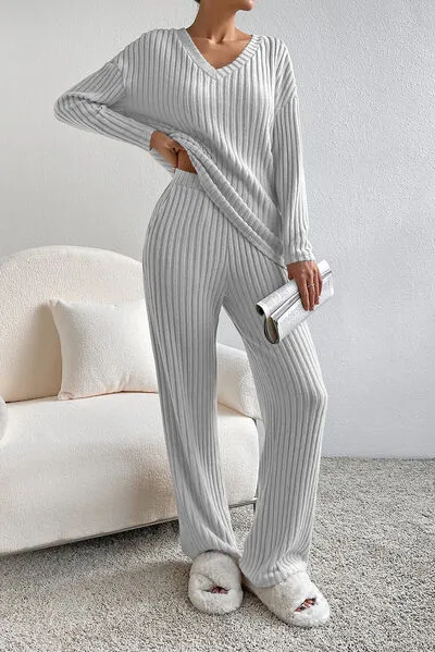 Marla Ribbed V-Neck Top and Pants Lounge Set