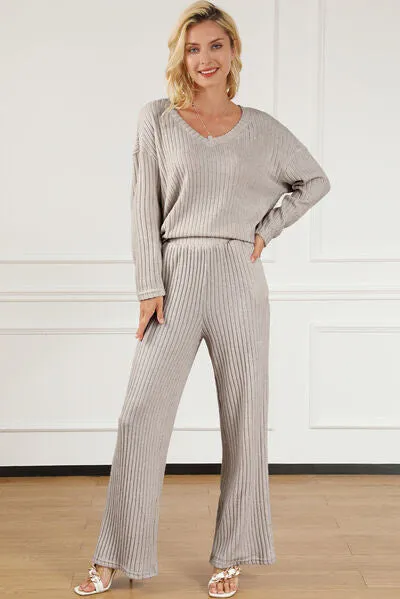 Marla Ribbed V-Neck Top and Pants Lounge Set