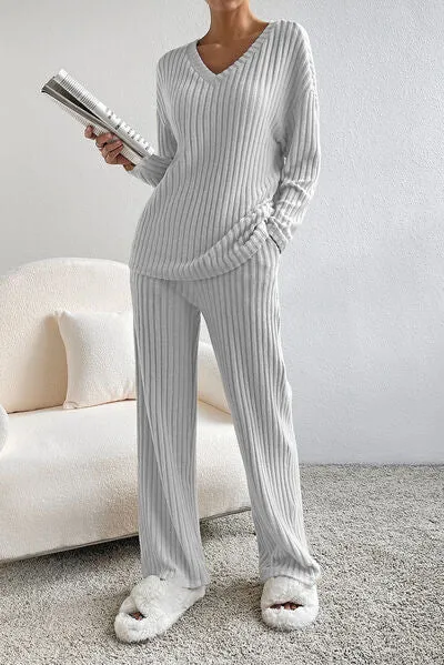Marla Ribbed V-Neck Top and Pants Lounge Set