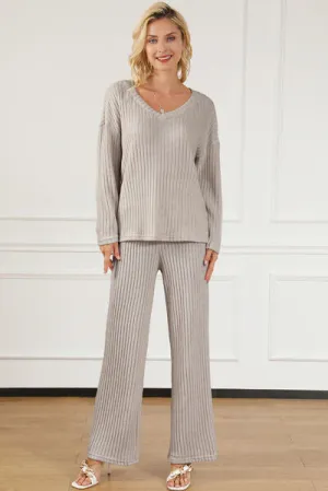 Marla Ribbed V-Neck Top and Pants Lounge Set