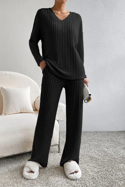 Marla Ribbed V-Neck Top and Pants Lounge Set