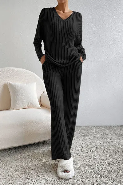 Marla Ribbed V-Neck Top and Pants Lounge Set