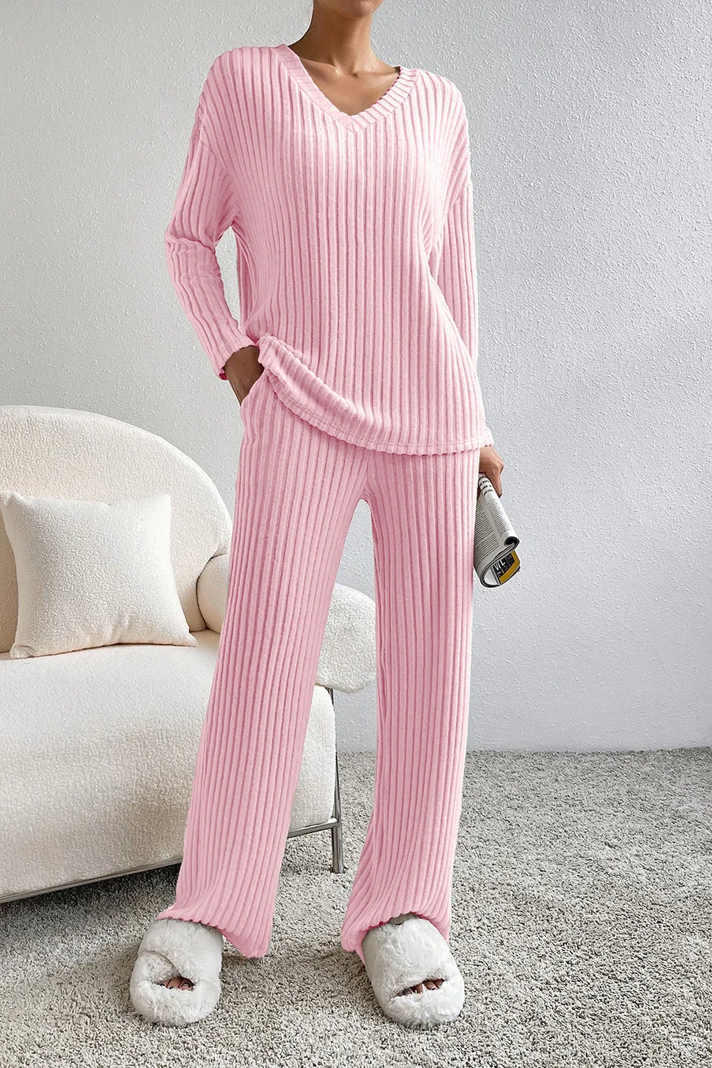 Marla Ribbed V-Neck Top and Pants Lounge Set