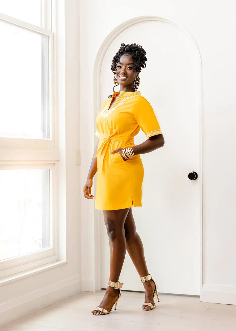 Marli Women's African Embroidered Tunic Dress (Gold) - Clearance