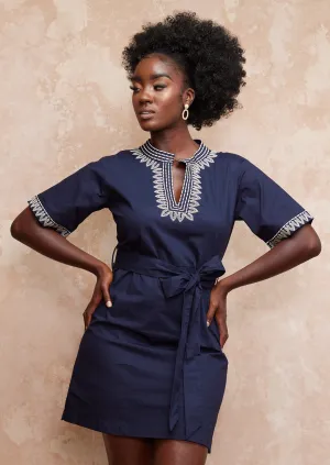 Marli Women's Embroidered Tunic Dress (Navy/Tan) - Clearance