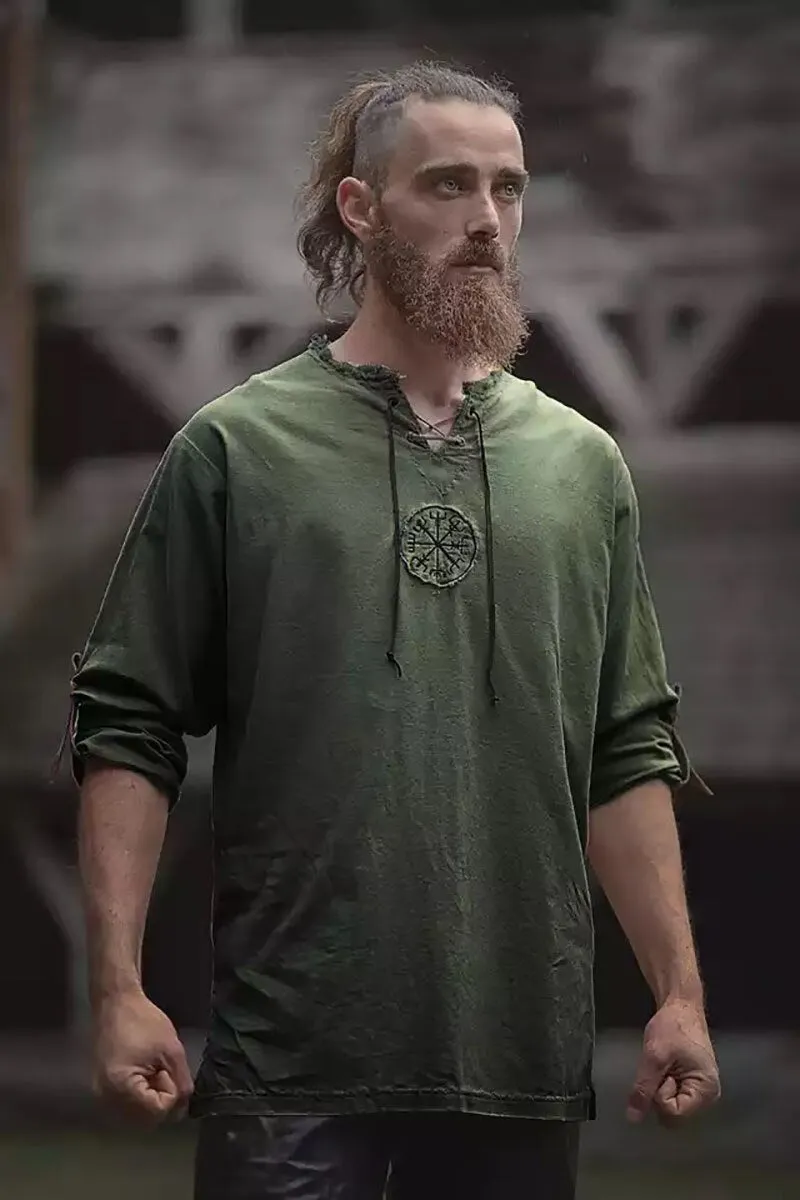 Medieval Viking Pirate Linen Top Shirt Costume Renaissance Mens Nordic Retro T-shirt Beard Cosplay Tee Lace-Up For Adult Belted