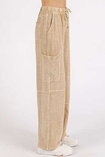 Mineral Wash Drawstring Elastic Waist Pants in Sandstone