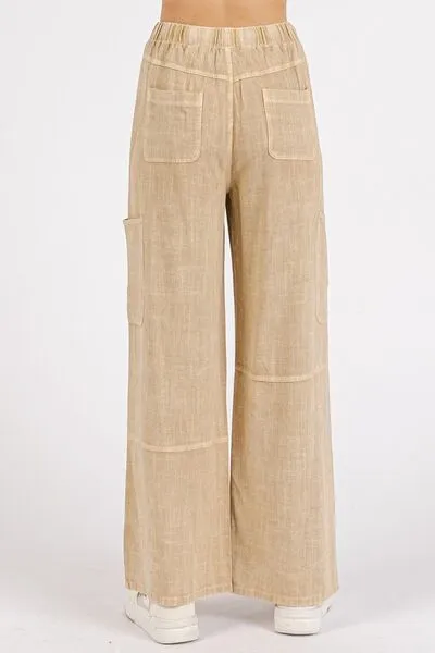 Mineral Wash Drawstring Elastic Waist Pants in Sandstone