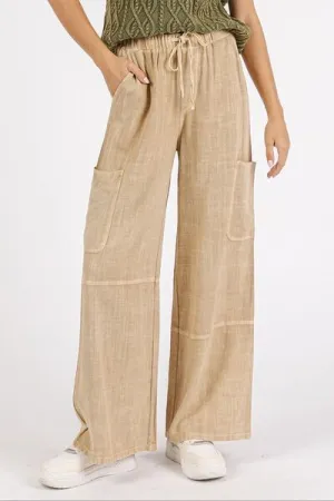 Mineral Wash Drawstring Elastic Waist Pants in Sandstone