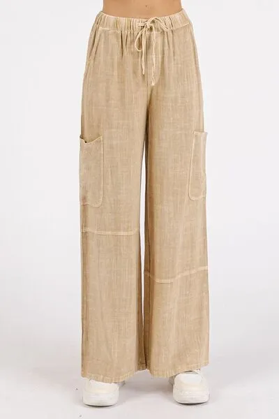 Mineral Wash Drawstring Elastic Waist Pants in Sandstone
