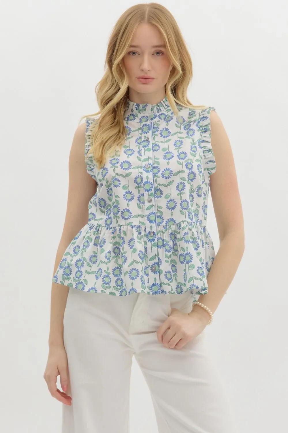 Miriam Sleeveless Floral Peplum Top, Mint