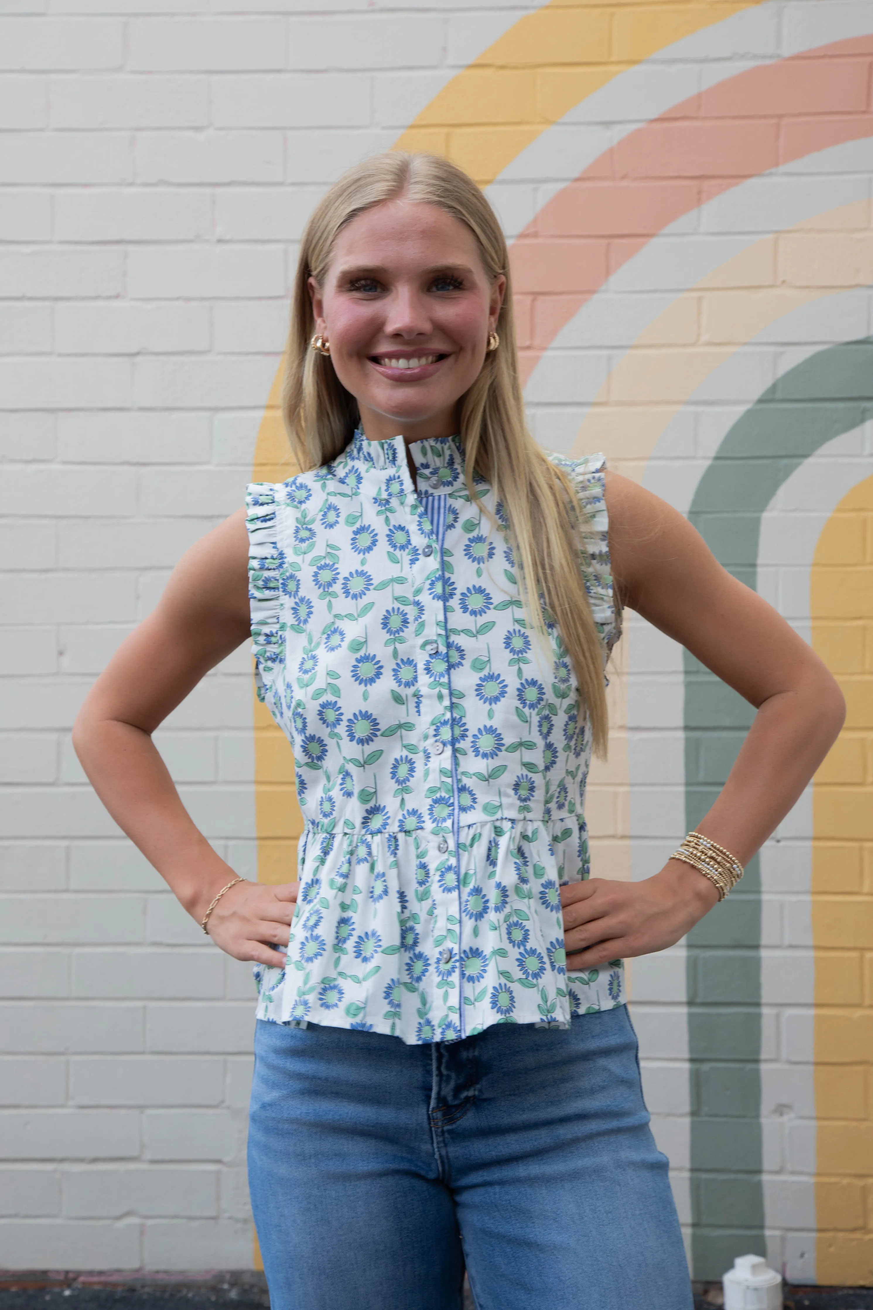 Miriam Sleeveless Floral Peplum Top, Mint