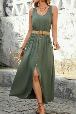 Mist Green Split Sleeveless Round Neck Belted Midi Dress