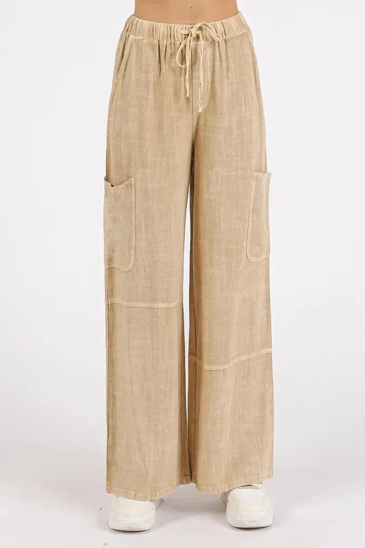 Mittoshop Mineral Wash Drawstring Elastic Waist Pants for Comfort