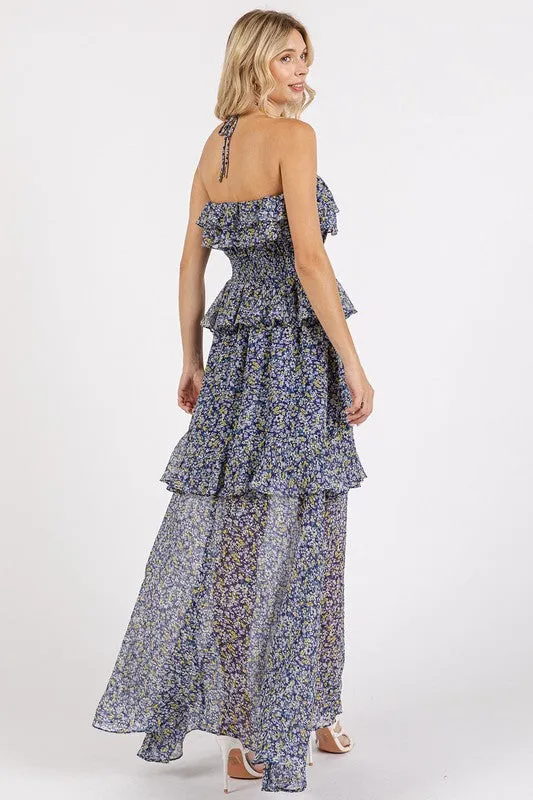 Mittoshop Ruffled Smocked Floral Halter Neck Maxi Dress S-L